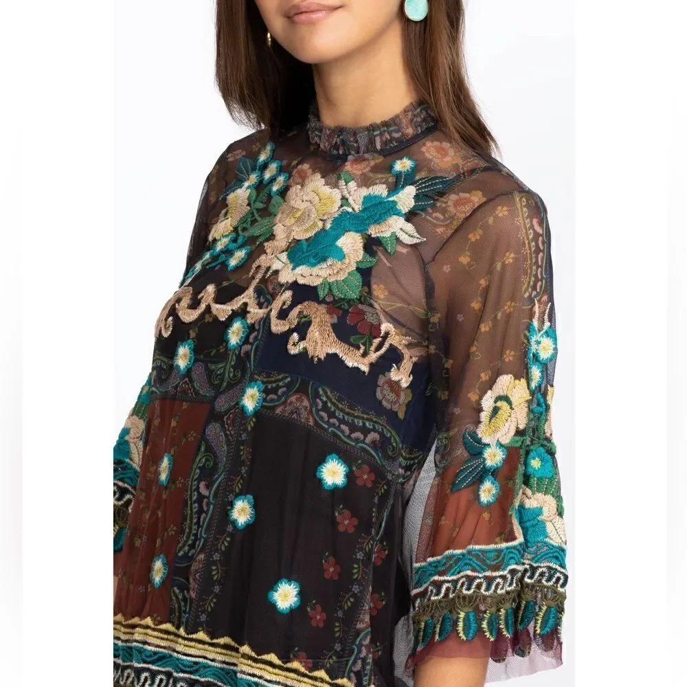 Johnny Was Renley Black Brown Blouse Sheer Mesh Floral Embroidered Size  XS